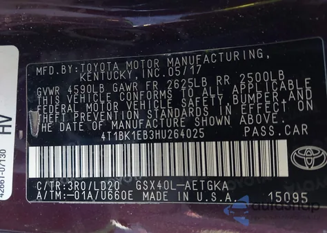 2017 Toyota Avalon Xle z USA, uszkodzony, nr VIN 4T1BK1EB3HU264025